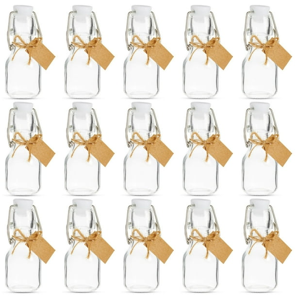 15 Pack Small Swing Top Glass Bottles with Lids, 2 oz/ 60 ml with Tags