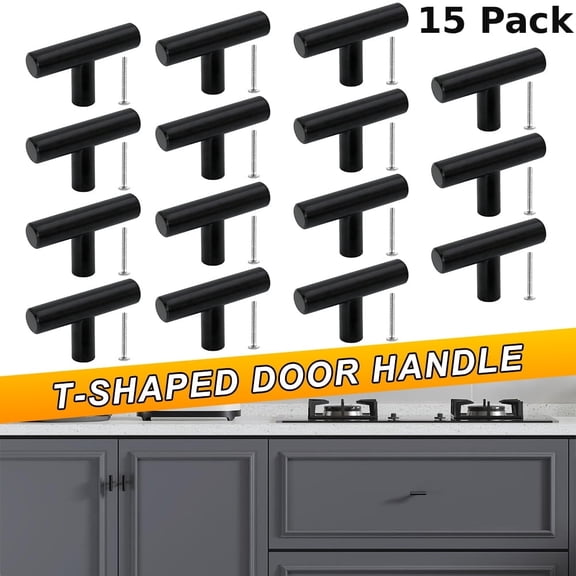 15 Pack Stainless Steel T Bar Cabinet Knobs Single Hole, Matte Black Modern Round Drawer Pull Handles, Waterproof Anti-Rust Cabinet Door Knobs for Kitchen, Dresser, Bathroom Vanity & Wardrobe