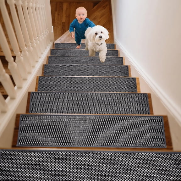 15 Pack Stair Treads for Wooden Steps Indoor, 8" X 30" Carpet Stair Treads Non Slips, Reusable Adhesive Staircase Step Treads Pads for Kids Elders & Pets(Black)
