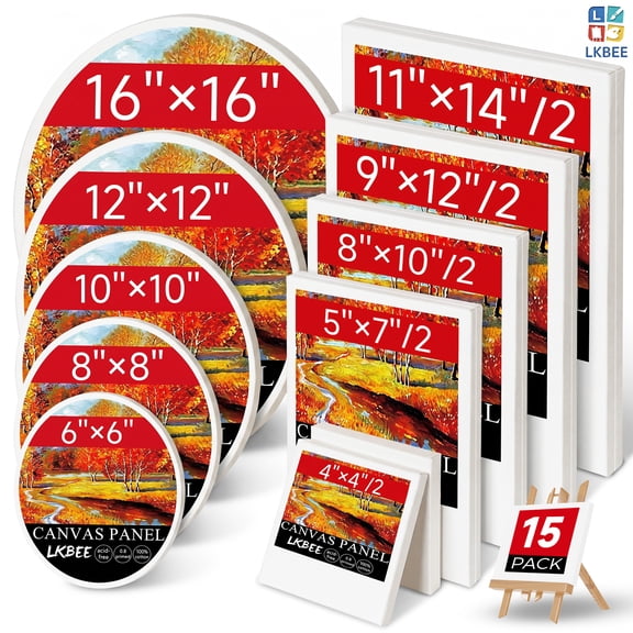 15 Pack Stretched Canvas Set, Mixed Square & Round Blank Art Canvases, AcidFree, for Oil, Acrylic & Watercolor Paint, for Kids Adults, Art Class, Party & Wall Decor