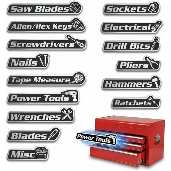 15 Pack Toolbox Labels, Tool Box Labels with ,Toolbox Organizers with for Steel Toolboxes, Carts, Drawers & Cabinets (Black)