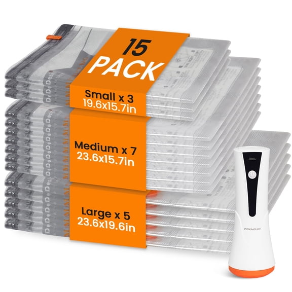 15-Pack Vacuum Seal Bags with Rechargeable Cordless Pump, Space Saver Compression Bags for Travel, Luggage & Seasonal Storage