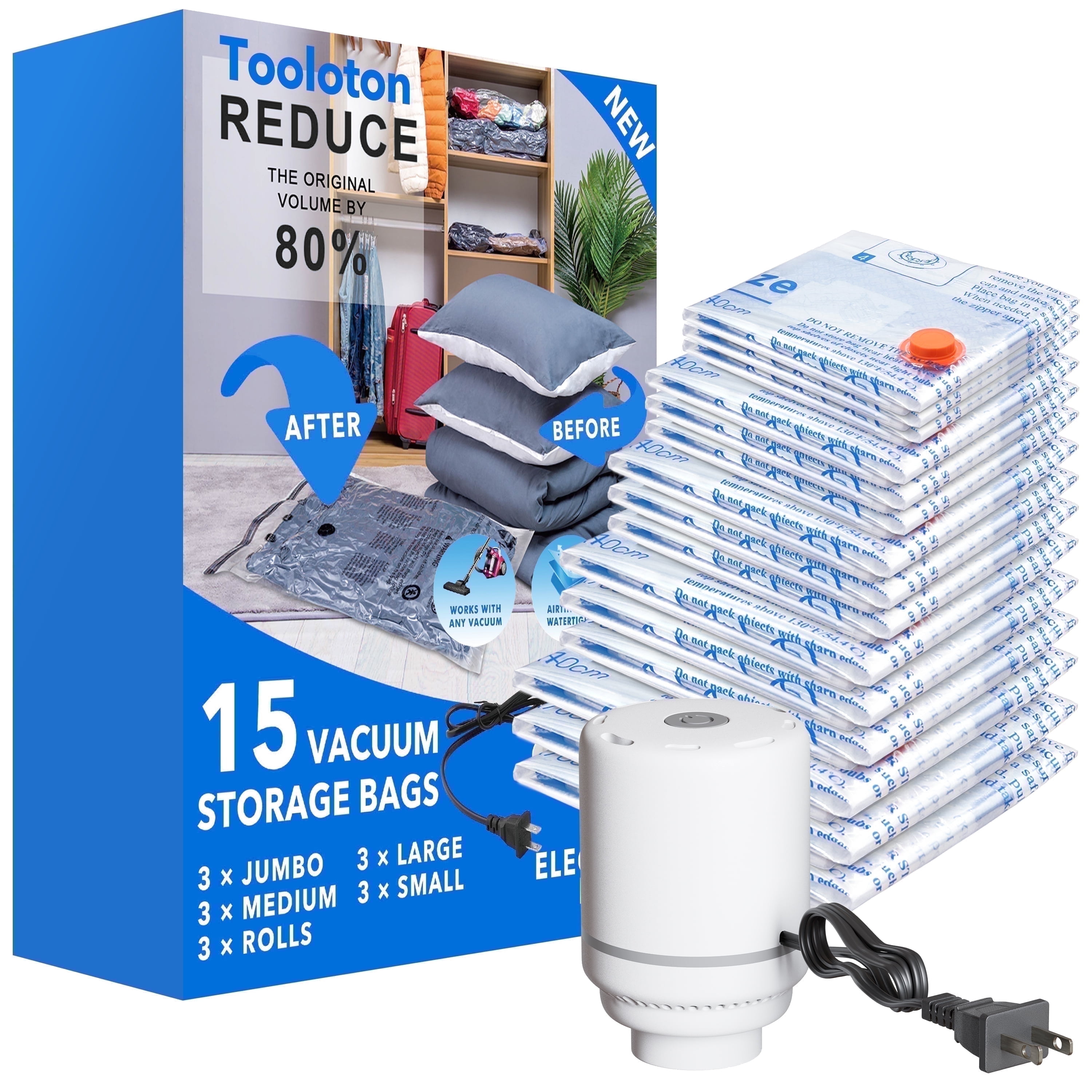 Tooloton 15 Pack Vacuum Storage Bags with Electric Pump (3 Jumbo, 3 Large, 3 Medium, 3 Small, 3 Roll Up) - Walmart.com