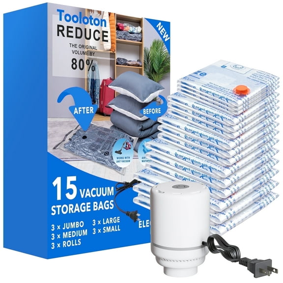 Tooloton Vacuum Storage Bags with Electric Pump, 15 Pack (3 Jumbo, 3 Large, 3 Medium, 3 Small, 3 Roll-Up)