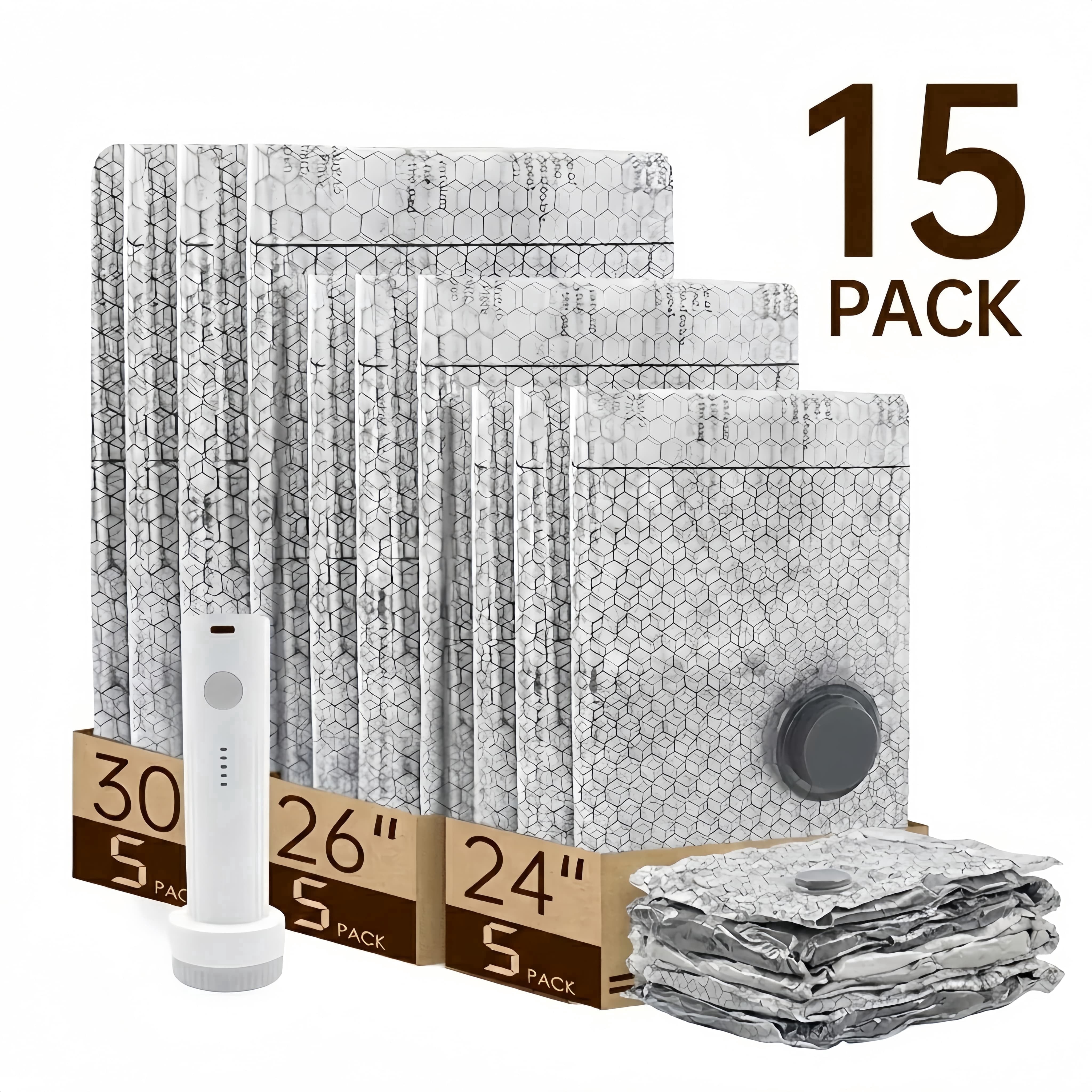 15 Pack Vacuum Storage Bags with Electric Pump, Space Saver Bags for Clothes, Bedding, Travel & Moving (5L, 5M, 5S)