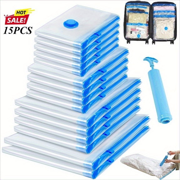 15-Pack Vacuum Storage Bags with Hand Pump, 5 Sizes(5S/4M/4L/2Jumbo), Clear Vacuum Sealed Bags for Clothes, Pillows, Blankets, Bedding, Quilts, Towels, Travel & Home Organization