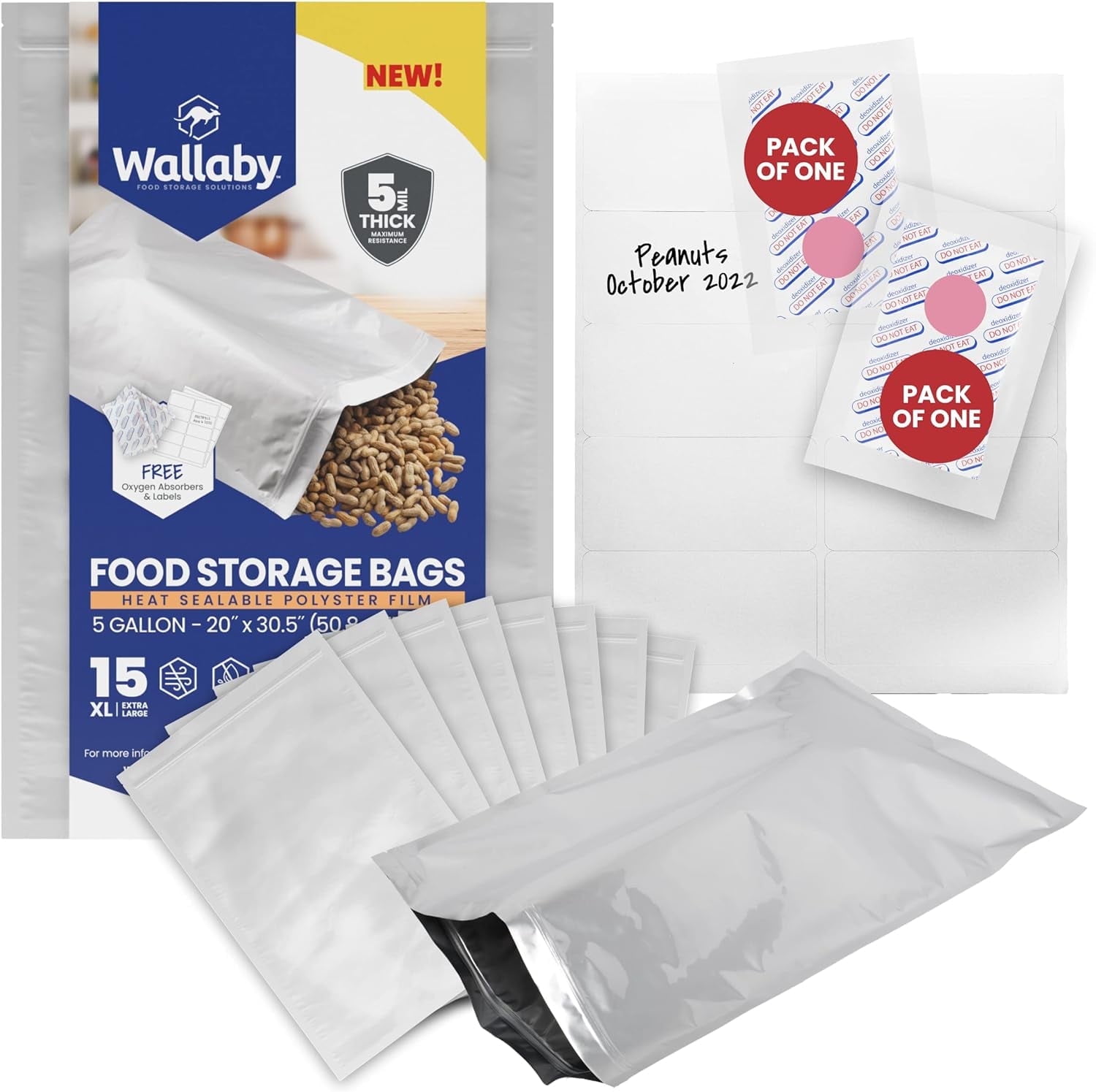15 Wallaby Mylar Bags with Zipper - Bundle - 5 Gallon (5 Mil) with 20 2500cc Oxygen Absorbers, 20 Sticker Labels - Heat Sealable, Food Safe, Long Term Food Storage & Survival