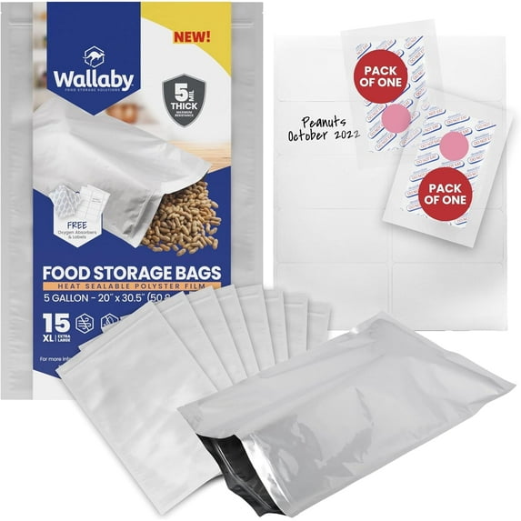 15 Wallaby Mylar Bags with Zipper - Bundle - 5 Gallon (5 Mil) with 20 2500cc Oxygen Absorbers, 20 Sticker Labels - Heat Sealable, Food Safe, Long Term Food Storage & Survival