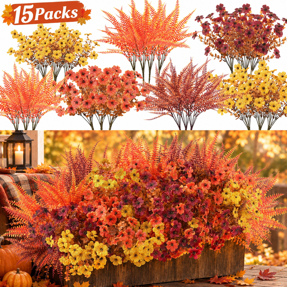 15 Pack Waterproof UV Resistant Artificial Fall Flowers for Outside Garden Patio Porch Window Box Planter Decoration (5 Colors)