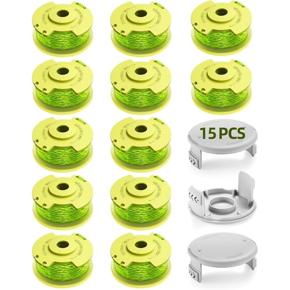 15-Pack Weed Wacker String for Ryobi One Plus+ AC80RL3, 0.080" 11ft Weed Eater Line Replacement Auto Feed String Trimmer Line Compatible with Ryobi 18V, 24V, 40V Trimmers (12 Spools + 3 Caps)