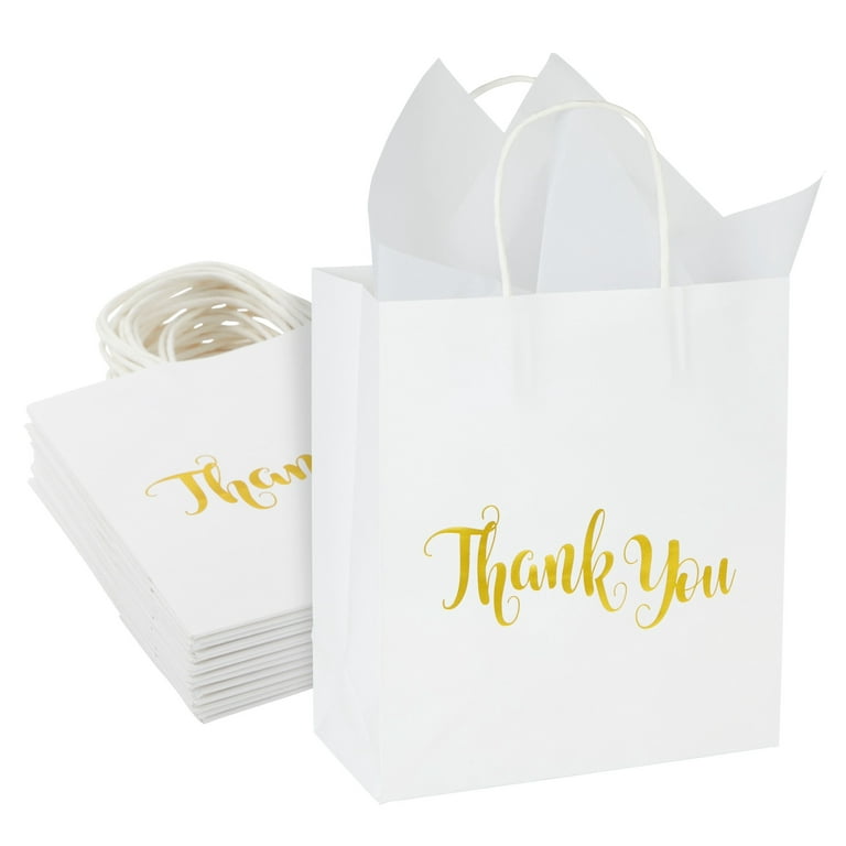 15 Pack White Thank You Paper Gift Bags with Handles, Tissue Paper