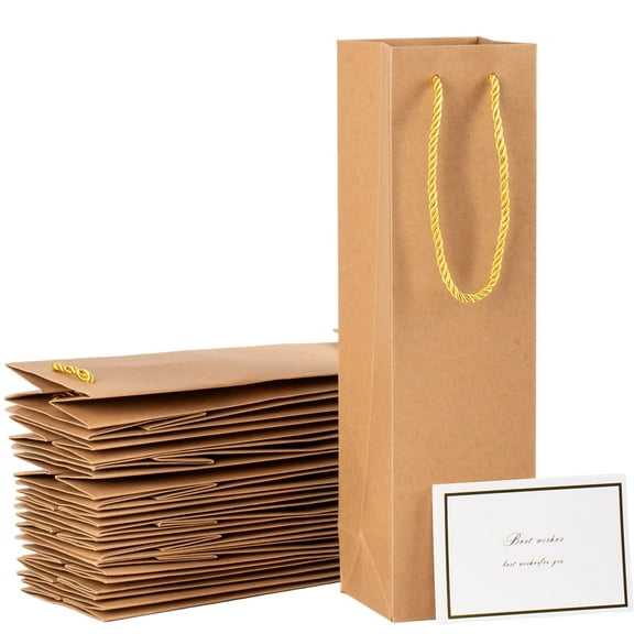 15 Pack Wine Bottle Gift Bags W/20 Greeting Cards, 13.8×3.74×3.54Inch Kraft Paper Gift Bags with Handles for Champagne, Whiskey, Alcohol and Party Gifts(Brown)