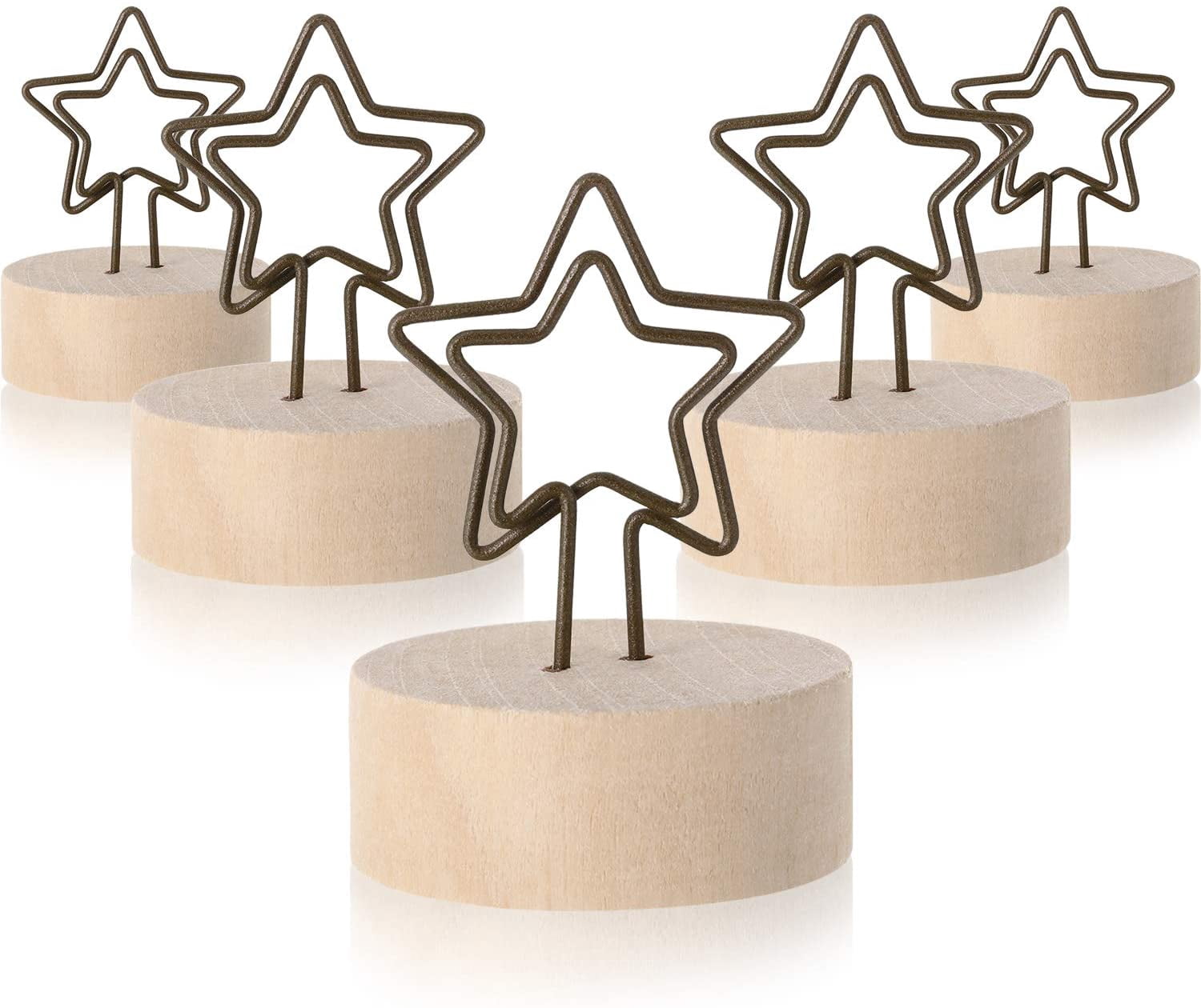 15 Pack Wooden Base Place Card Holders Rustic Iron Wire Picture Picks Clip Holder Stand Party tion Memo Note Photo Clip(Star)