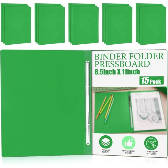 15 Packs 8.5'' x 11'' Pressboard Report Covers, Metal Prong Fastener with Compressor, Letter Size 3'' Capacity Presentation Report Folder to Neatly Bind Reports, Proposals, Documents(Green)
