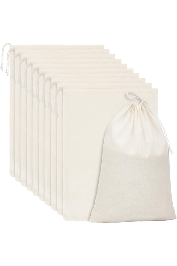 15 Packs Muslin Bags with Drawstring Canvas Large Storage Cloth Bags Bulk Cotton Reusable Grocery Sacks DIY Craft Sachet Sacks for Party Wedding Home Storage, Natural Color(13.8 x 10 Inches)