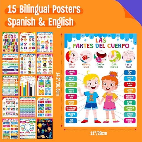 15 Packs Spanish & English Educational Posters, Thick Elementary Bilingual Poster Waterproof & Tearproof with PET Film, Early Language Learning Tool Educational Posters for Kindergarten Preschool