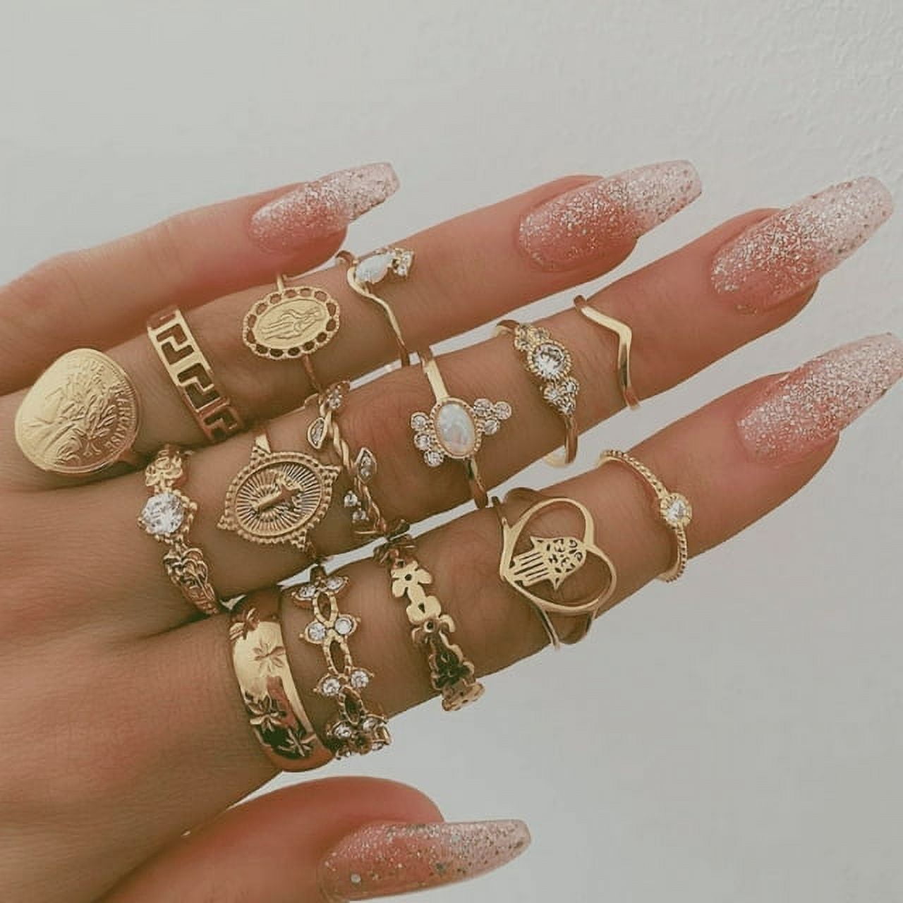 TONAIN 15 Packs Woman Stackable Boho Vintage Rings Set Knuckle Stacking Rings Gold Hollow Mid Finger Rings for Teen Girls