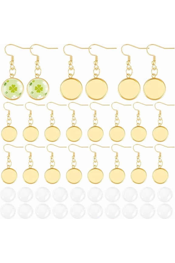 15 Pairs 18K Gold Plated Blank Dome Dangle Earrings Stainless Steel Flat Round Earring Bezel Tray Cabochon Setting with Ear Wire Hooks Bezel Trays Cabochons for DIY Jewelry Making Tray 14mm