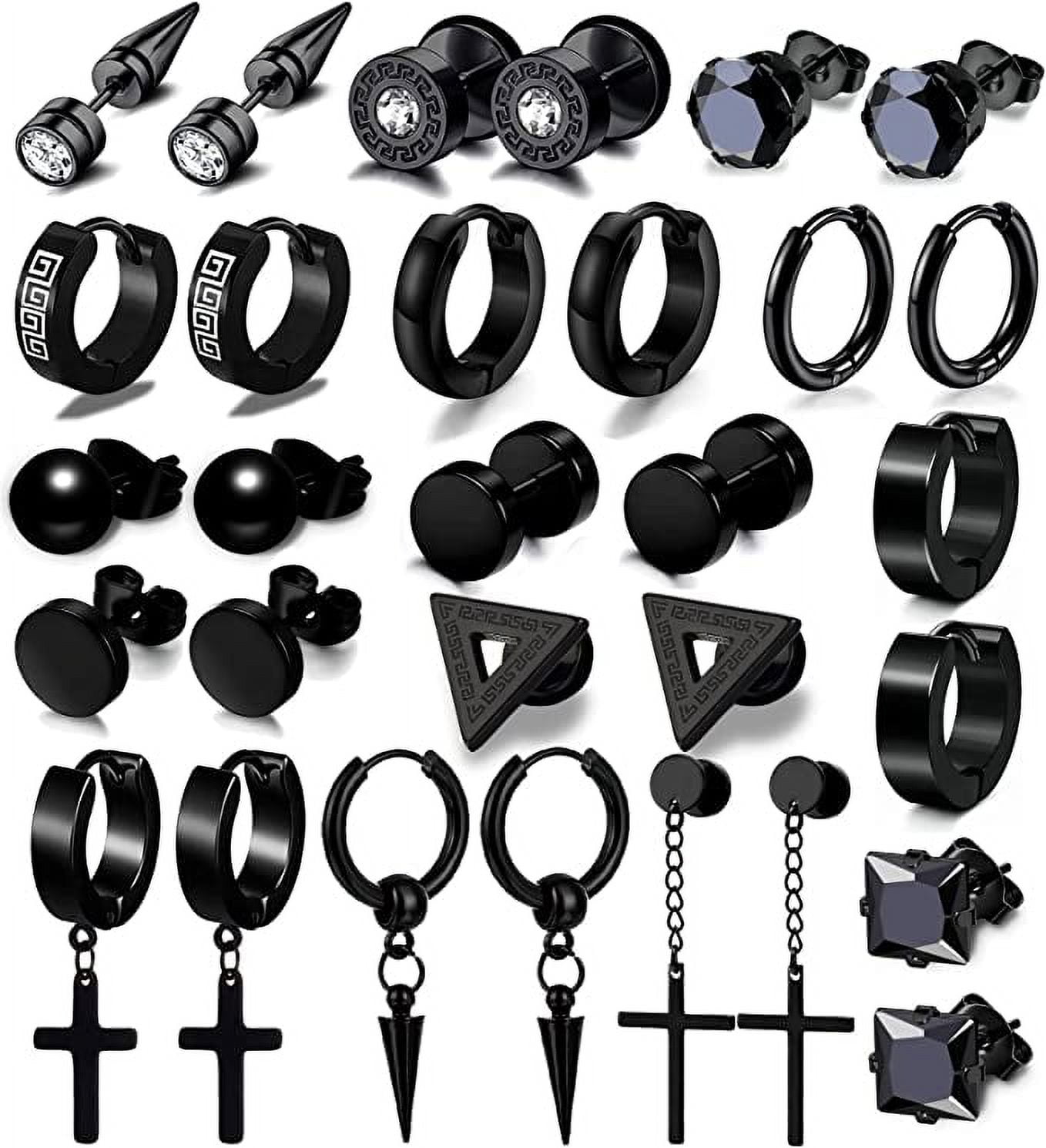 MFLEL 15 Pairs Earrings for Men, Black Stainless Steel Earrings Stud Kit for Men Women Fashion Piercing Jewelry Cross Dangle Hoop Earrings Set