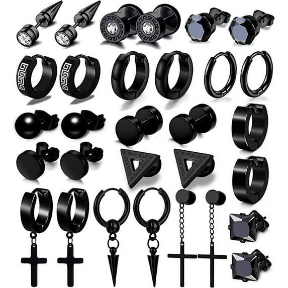 15 Pairs Earrings for Men, Black Stainless Steel Earrings Stud Kit for Men Women Fashion Piercing Jewelry Cross Dangle Hoop Earrings Set
