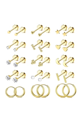 15 Pairs Flat back Stud Earrings for Women,Surgical Steel Material Cartilage Earrings for Women,Nickel Lead Free Hypoallergenic Earrings for Sensitive Ears Women,Gold,flatback stud earrings