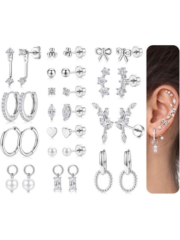 15 Pairs Hypoallergenic Flat Back Stud Earrings Stacks for Women Cartilage,Silver Color