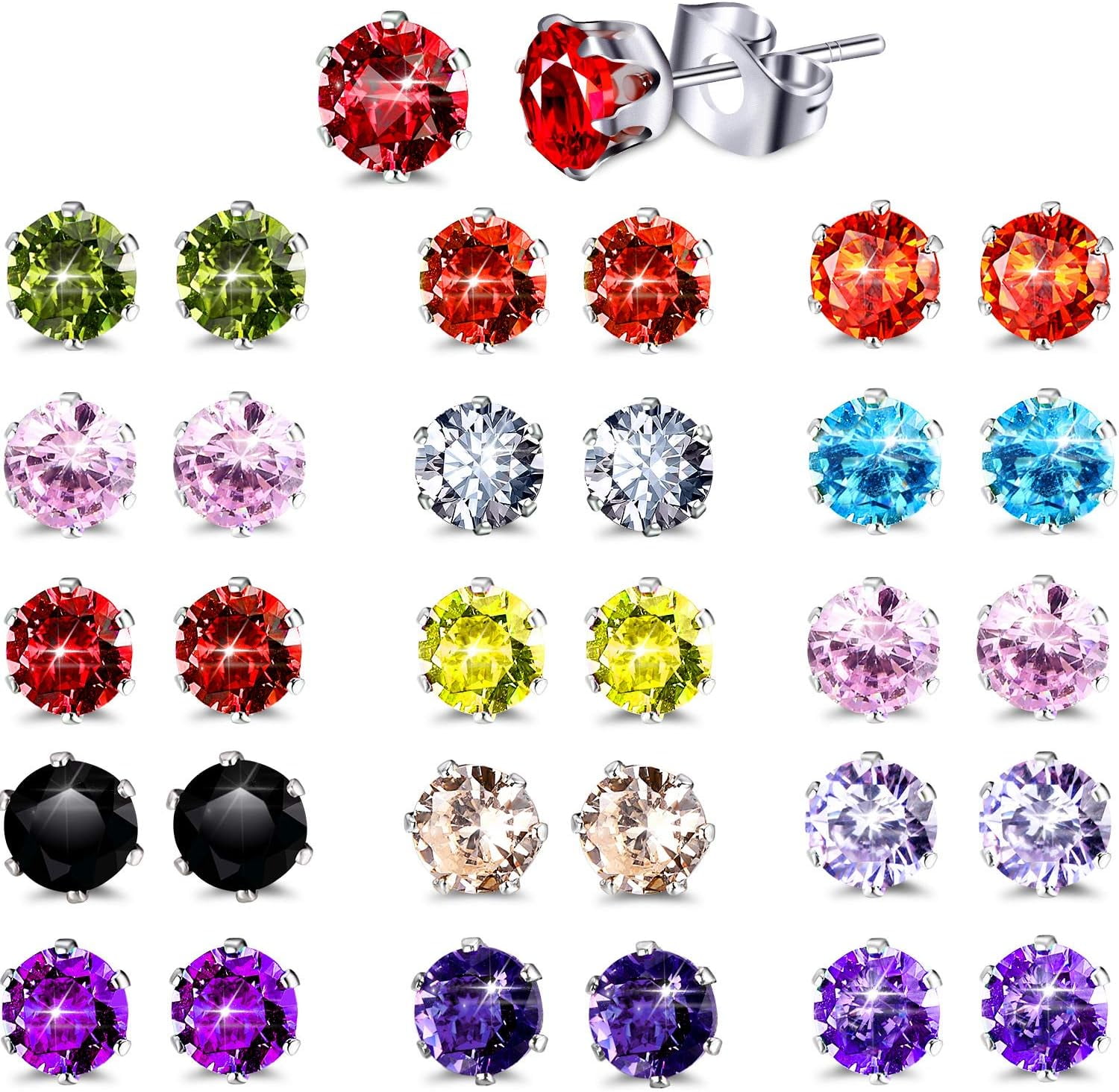 UMEHOME 15 Pairs Stainless Steel Cz Stud Earrings For Women Hypoallergenic Cubic Zirconia Stud Earrings Sterling Birthstone Stud Earrings Set Multipack[Z3771]