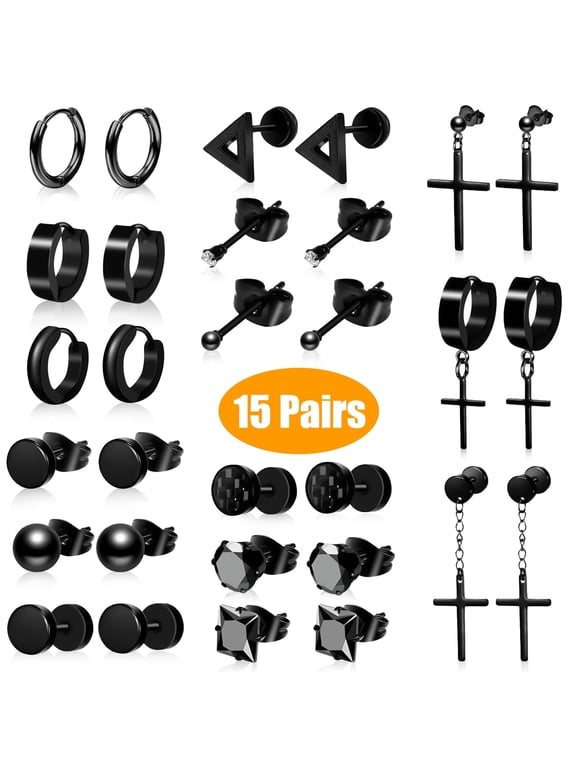 15 Pairs Stainless Steel Earrings, TSV Black Hoop Dangle Stud Cool Piercing Earrings Jewelry Set for Women Men