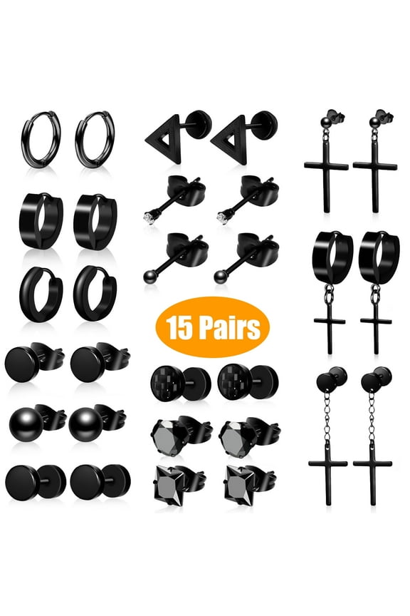 15 Pairs Stainless Steel Earrings, TSV Black Hoop Dangle Stud Cool Piercing Earrings Jewelry Set for Women Men