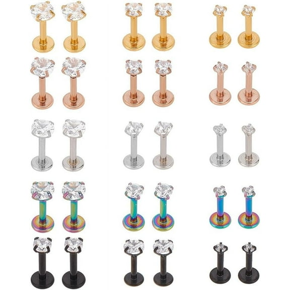 15 Pairs Surgical Steel Earrings Set for Women Cubic Zirconia Lip Rings for Wedding CZ Flat Back Earrings Cartilage Earring Set Lightweight Helix Earrings Set for Cocktail Party Trendy for DIY