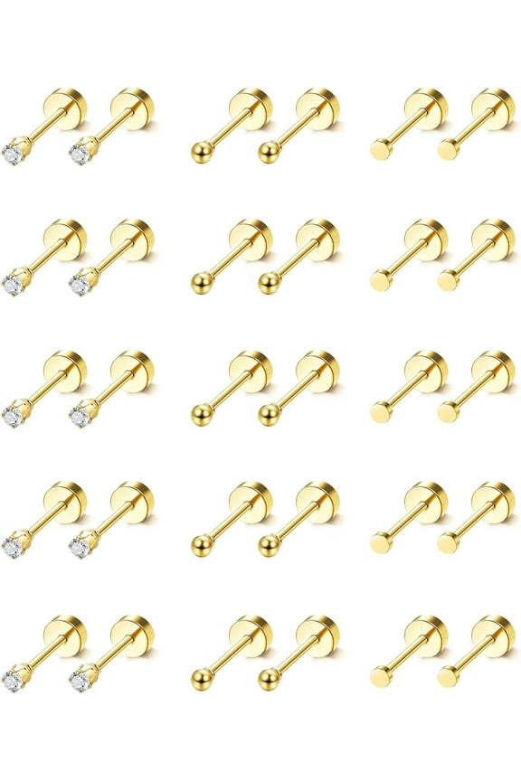 15 Pairs Tiny Surgical Steel Gold Stud Earrings, Comfortable Screw Back Flat Back Earrings with CZ Dot Ball Stones, 2mm, 20G