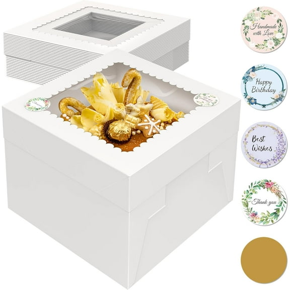 15 Pcs 10x10x8 Inch Tall Cake Boxes with Window, White Square Cheesecake Bakery Boxes, Large Cardboard Cake Baking Boxes with 90 Stickers for Cakes, Pies, Wedding, Birthday Party