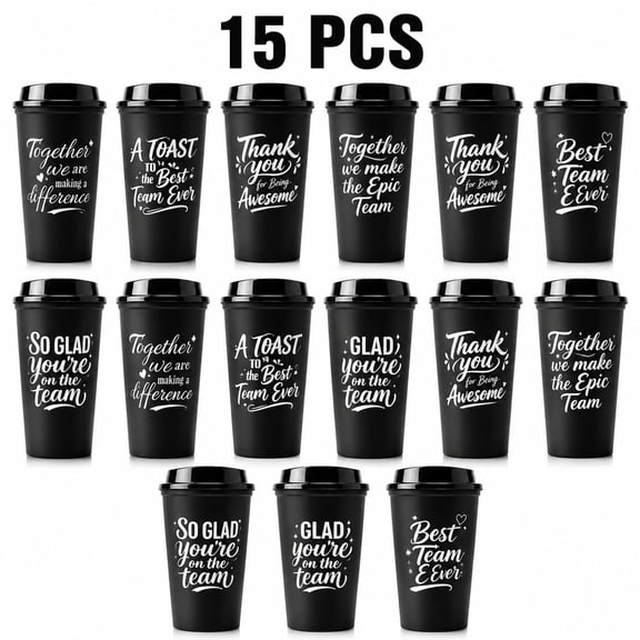 15 Pcs 16 oz Plastic Coffee Cups with Lids, Motivational Quote Reusable Mugs for Office Graduation Volunteer Appreciation Party and Gift Giving, Durable PP Material, Black or Multicolor