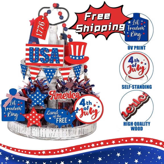 15 Pcs 4th of July Tiered Tray Decor Set, 4th of July Decorations, Patriotic Wooden Blocks Independence Day Tier Tray Wood Signs Farmhouse USA Flag Red White Blue Table Decorations