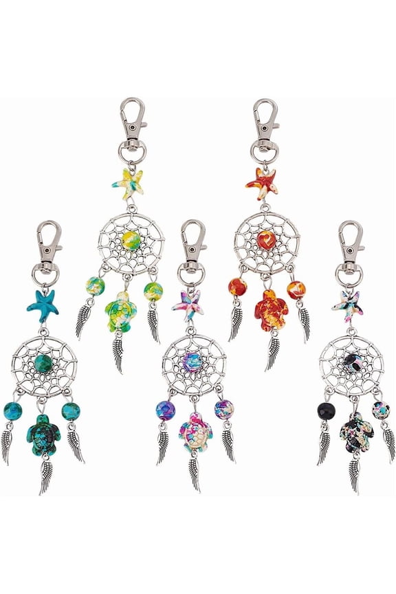 15 Pcs 5 Colors Dream Catcher Keychain Handmade Keyrings Dangling with Mixed Color Natural Gemstone Ocean Theme Keychains for Jewelry Making