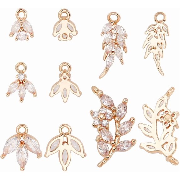 15 Pcs 5 Styles Cubic Zirconia Leaf Charms Shiny Pave Clear Leaf Charms Connector Assorted Shaped Rhinestone Leaves Pendant for Gorgeous Jewelry Making Gold Making DIY