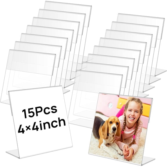 15 Pcs Acrylic Picture Frames,4 x 4 Inch Clear Picture Frame,Slant Back Photo Frames,Acrylic Sign Holder,Clear Sign Holder,L Shaped Display Stand for Home Office Wedding Desktop