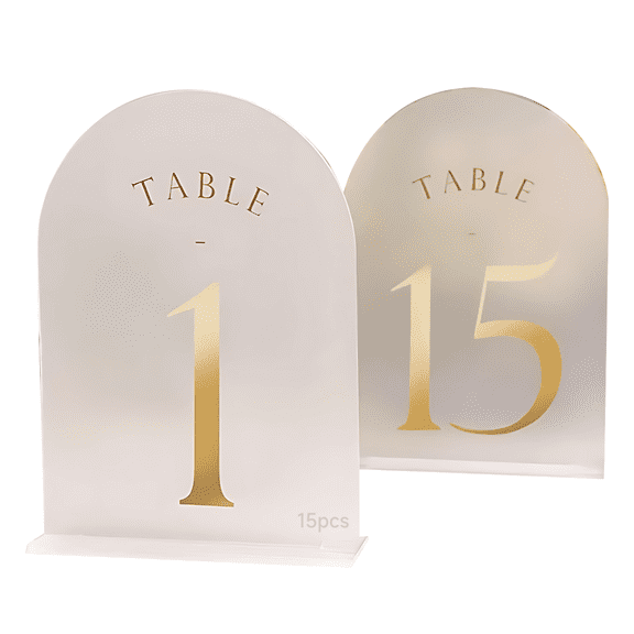 15 Pcs Acrylic Table Numbers, Frosted Arch-Shaped Wedding Reception Decor, Gold Numbers, 7 x 5 in / 18.1 x 12.7 cm, with Bases, for Parties, Banquets