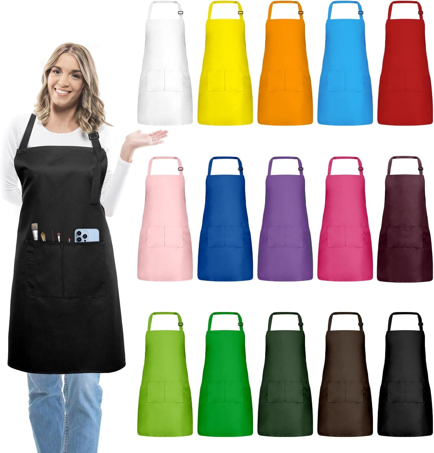 15 Pcs Adult Aprons Bulk with Pockets Adjustable Bib Chef Apron for Women Men Painting Cooking Crafting (S/L)