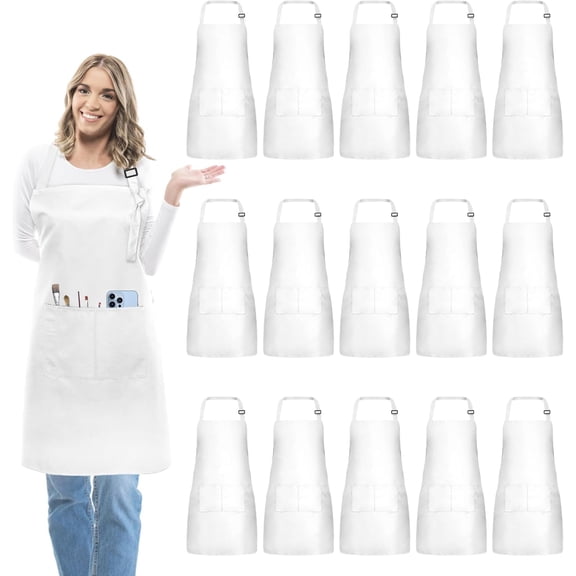 15 Pcs Adult Aprons Bulk with Pockets Adjustable Bib Chef Apron for Women Men Painting Cooking Crafting (S/L)