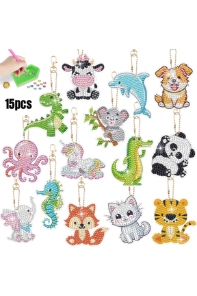 15 Pcs Animal Diamond Painting Keychain Kit, DIY 5D Art Keychains Resin Key Ring Rhinestone Pendant, Animal Dotz Kits with Tools for Hanging Decoration