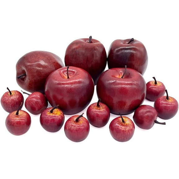 15 Pcs Artificial Apples, Fake Red Apples Fruits Simulation Realistic Fake Apple Prop Decorative Dining Table Basket Faux Apples Decor Kitchen (5pcs Dark Red Apples+10pcs Mini Apples)