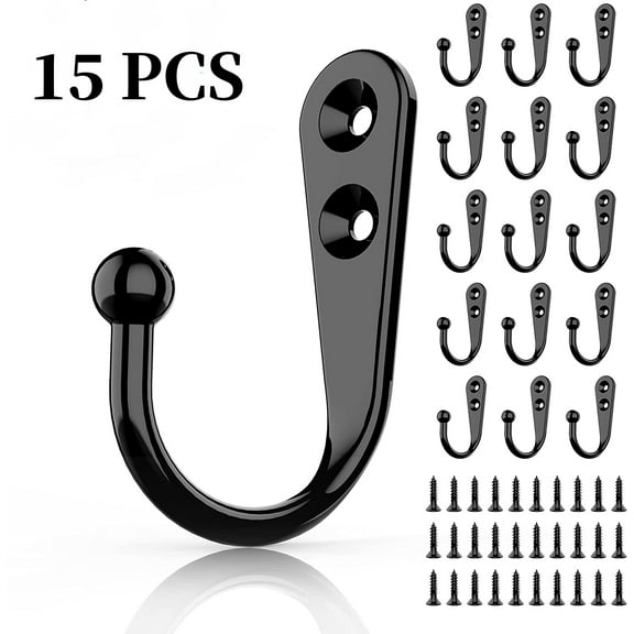 15 Pcs Black Wall Mounted Coat Hooks, Hanger Hook with 30 Pieces Screws for Hanging Hat, Towel, Key, Robe, Coats, Scarf, Bag, Cap, Coffee Cup, Mugs