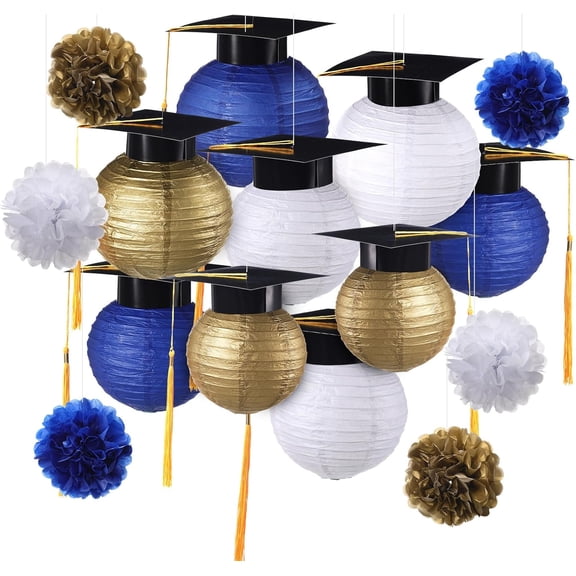 15 Pcs Blue and Gold Graduation Decoration 2026 Paper Lanterns Graduation Party Decorations Hanging Round Paper Lanterns with Black Grad Hat Tassel for Congratulation Grad Decorations