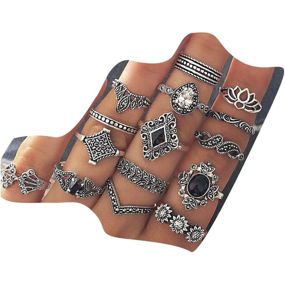 15 Pcs Bohemian Stackable Joint Knuckle Ring Set Crystal Carved Midi Ring Punk Finger Rings for Women