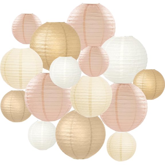 15 Pcs Boho Paper Lanterns - Champagne Gold Beige Peach 6 8 10 Inch Round Hanging Decorations for Birthday, Neutral Baby & Bridal Shower, Rustic Wedding, Fall Party