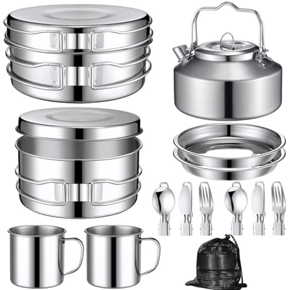 15 Pcs Camping Cookware Mess Kit Outdoor Cooking Set Stainless Steel with Pot and Pan Kit 2 Set Stainless Steel Cups Plates Forks Knives Spoons for Camping Backpacking Cooking Picnic
