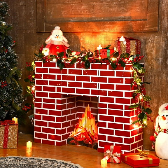 15 Pcs Christmas Cardboard Fireplace Prop Set Red Brick Cardboard Fireplace with Fake Fire Fake Flame Red Brick Boxes Cardboard Blocks for Christmas Home Party Decorations