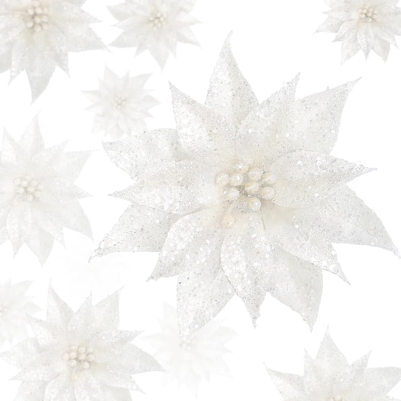 15 Pcs Christmas Glitter Flowers Christmas Tree Ornaments Shining Artificial Poinsettia Christmas Flowers Decoration with Clips for Xmas Holiday Wedding Wreath Party Floral Decorations(White)