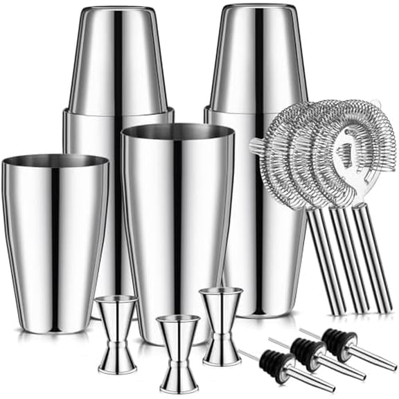 15 Pcs Cocktail Shaker Set Bartender Kit Boston Shaker Professional Bar Gifts with 18oz and 28oz Stainless Steel Martini Shaker Drink Mixer Strainer Measuring Jigger Alcohol Pourer
